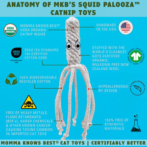 Anatomy of squid palooza catnip toy by Momma Knows Best