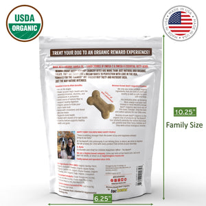 Back view of a bag of organic pumpkin dog treats Yummies for the Tummies by Momma Knows Best