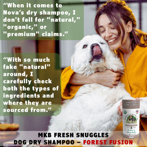Woman hugging white dog with Momma Knows Best USDA Organic dry shampoo