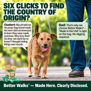 Brown dog walking beside a person in jeans. Speech bubbles highlight visible Made in the USA labeling on dog bags.