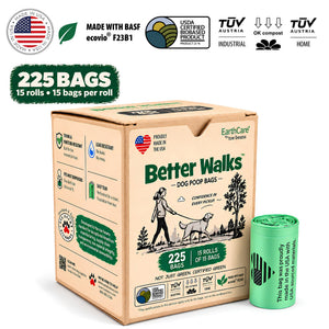 Better Walks dog poop bags with one kraft box and a green roll, containing 225 bags in 15 rolls.