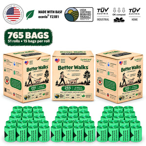 Better Walks dog poop bags 765 bag pack showing three kraft boxes and 51 green rolls.