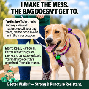 Golden dog in a purple harness beside a walker. Speech bubbles promote strong, puncture resistant dog poop bags.