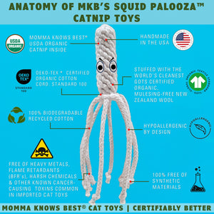 Anatomy of squid palooza catnip toy by Momma Knows Best