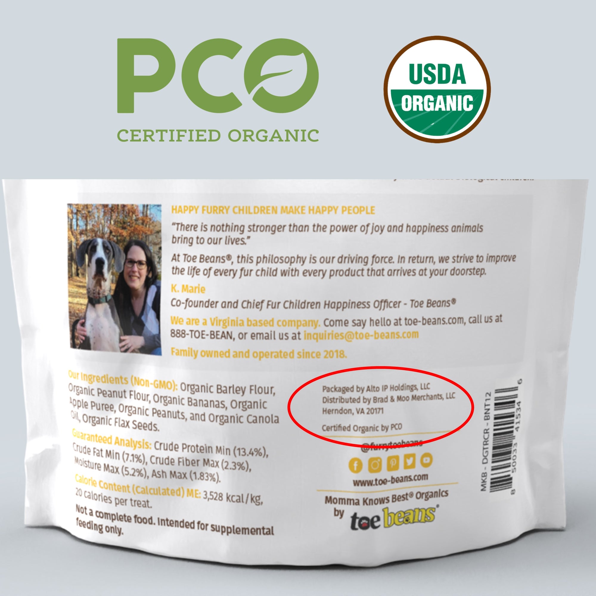 Back of a Yummies for the Tummies banana crunchy bites bag certified USDA organic by PCO
