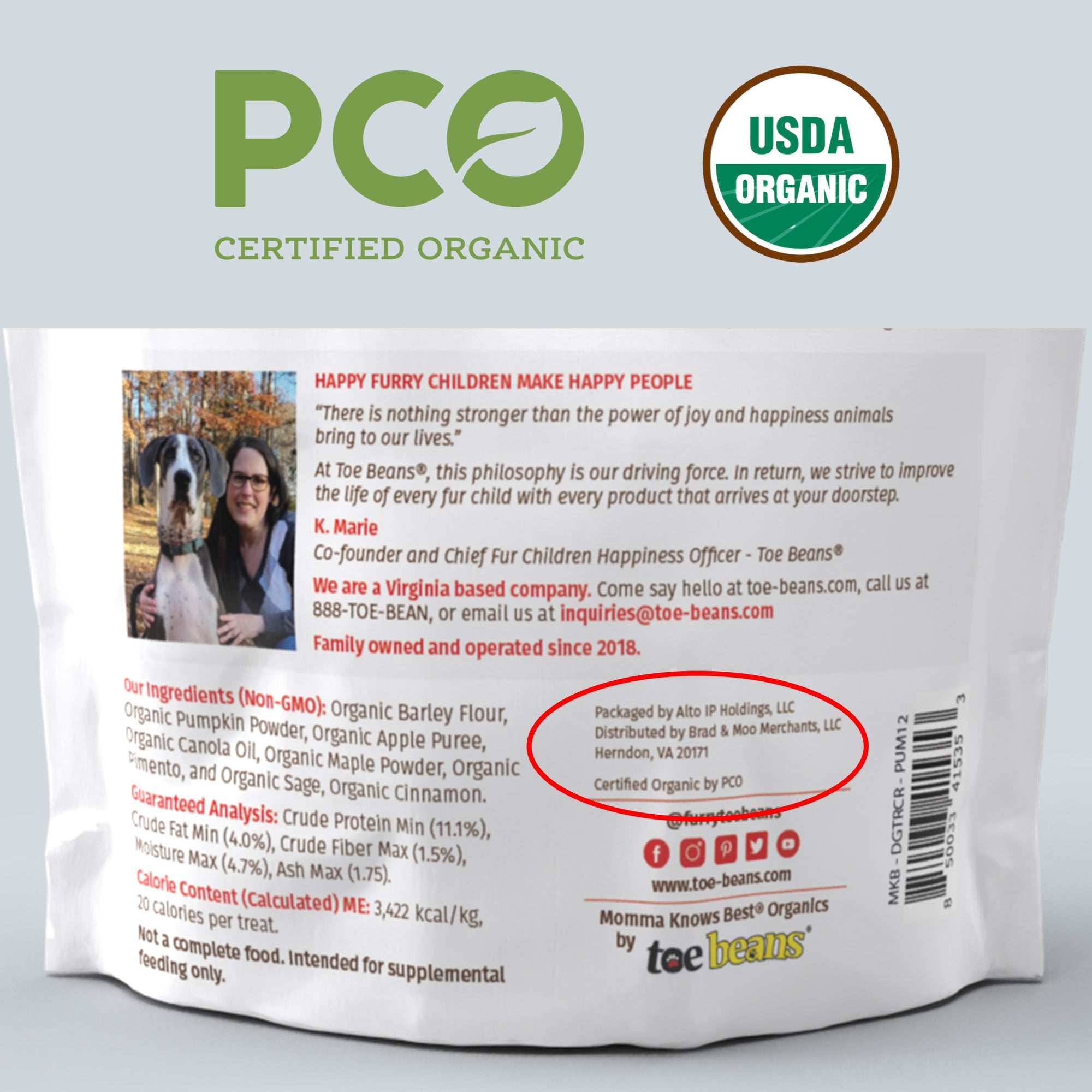 Back of a Yummies for the Tummies Pumpkin Crunchy Bites bag certified USDA organic by PCO