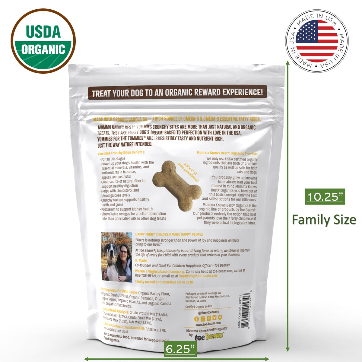 Back view of a  bag of organic banana dog treats Yummies for the Tummies by Momma Knows Best