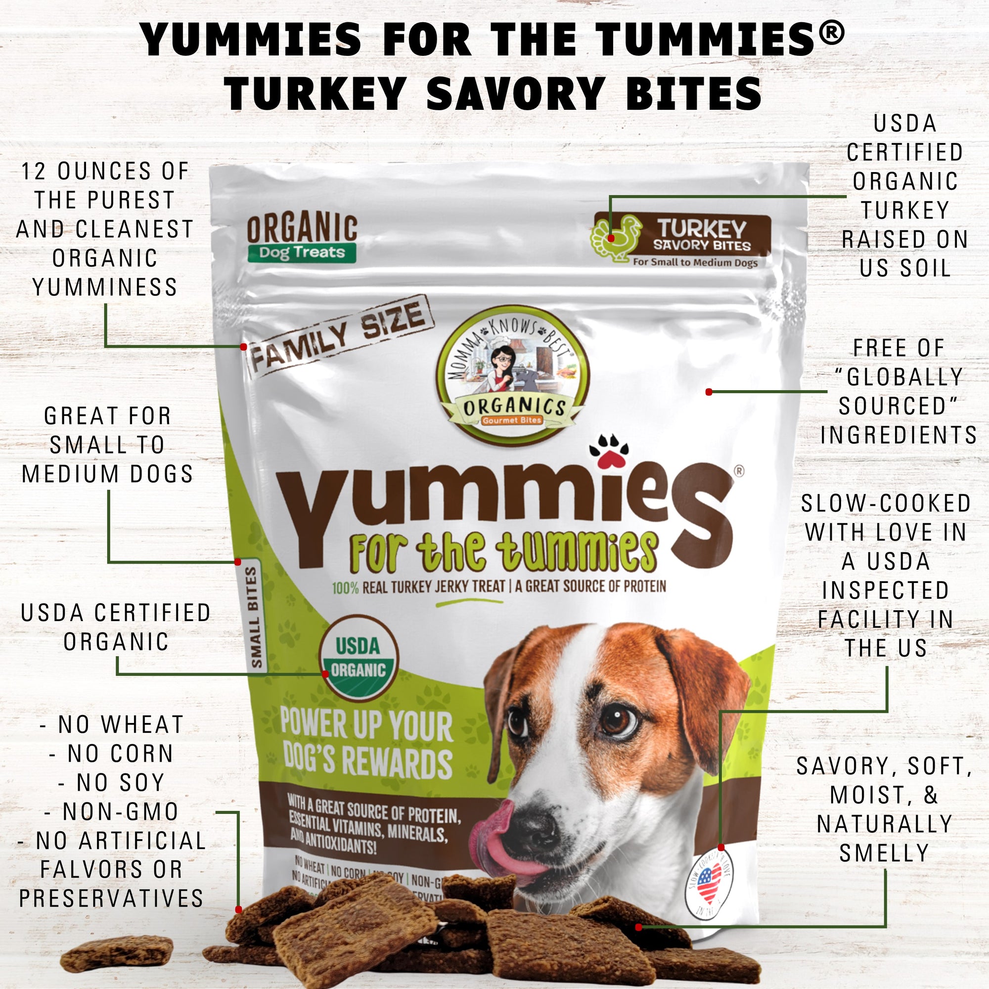 A bag of organic meat-based turkey dog treats Yummies for the Tummies by Momma Knows best