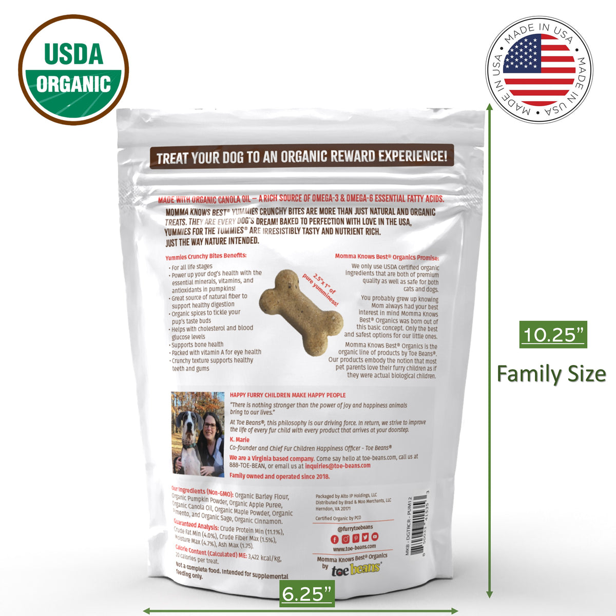 Back view of a  bag of organic pumpkin dog treats Yummies for the Tummies by Momma Knows Best 