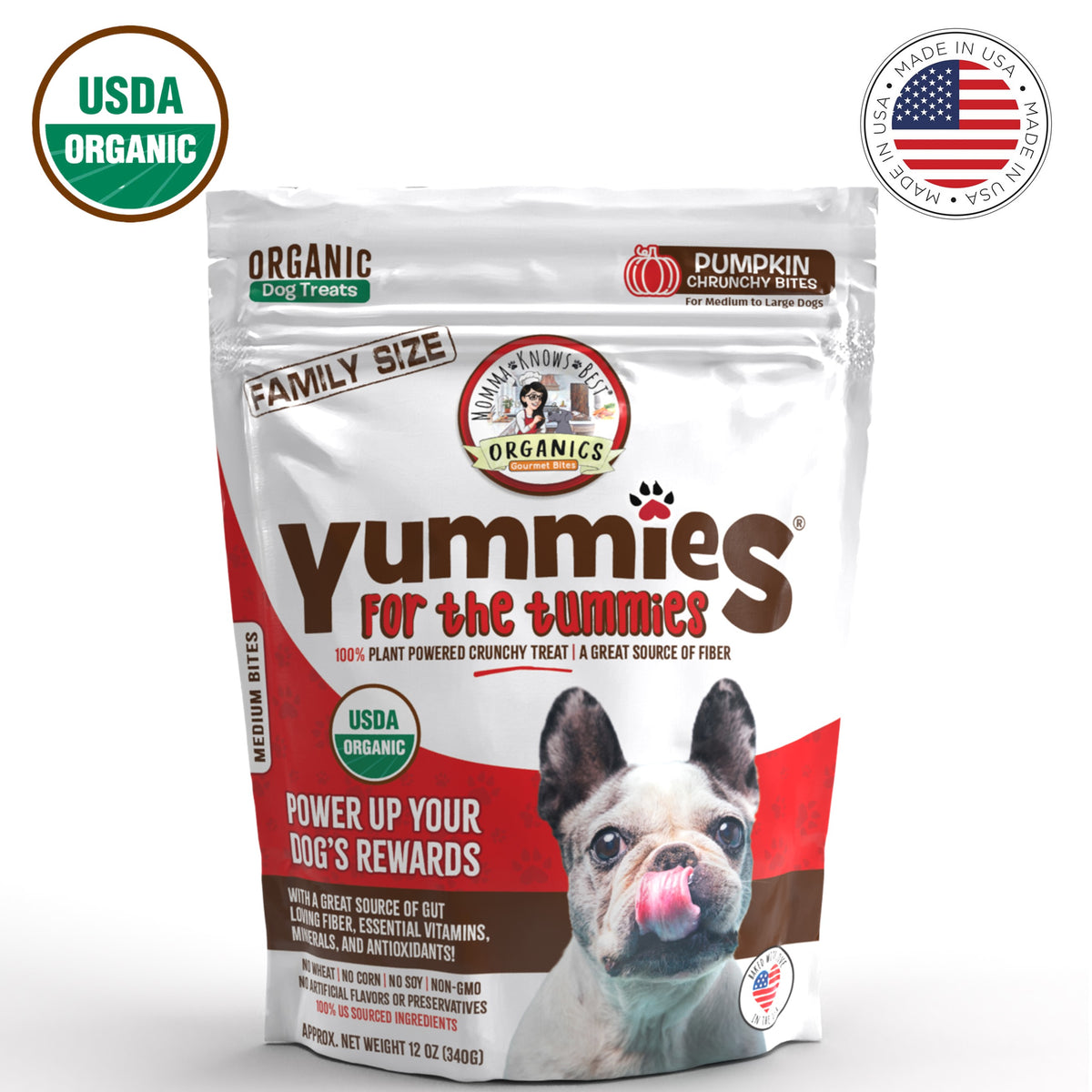 Front view of a  bag of organic pumpkin dog treats Yummies for the Tummies by Momma Knows Best