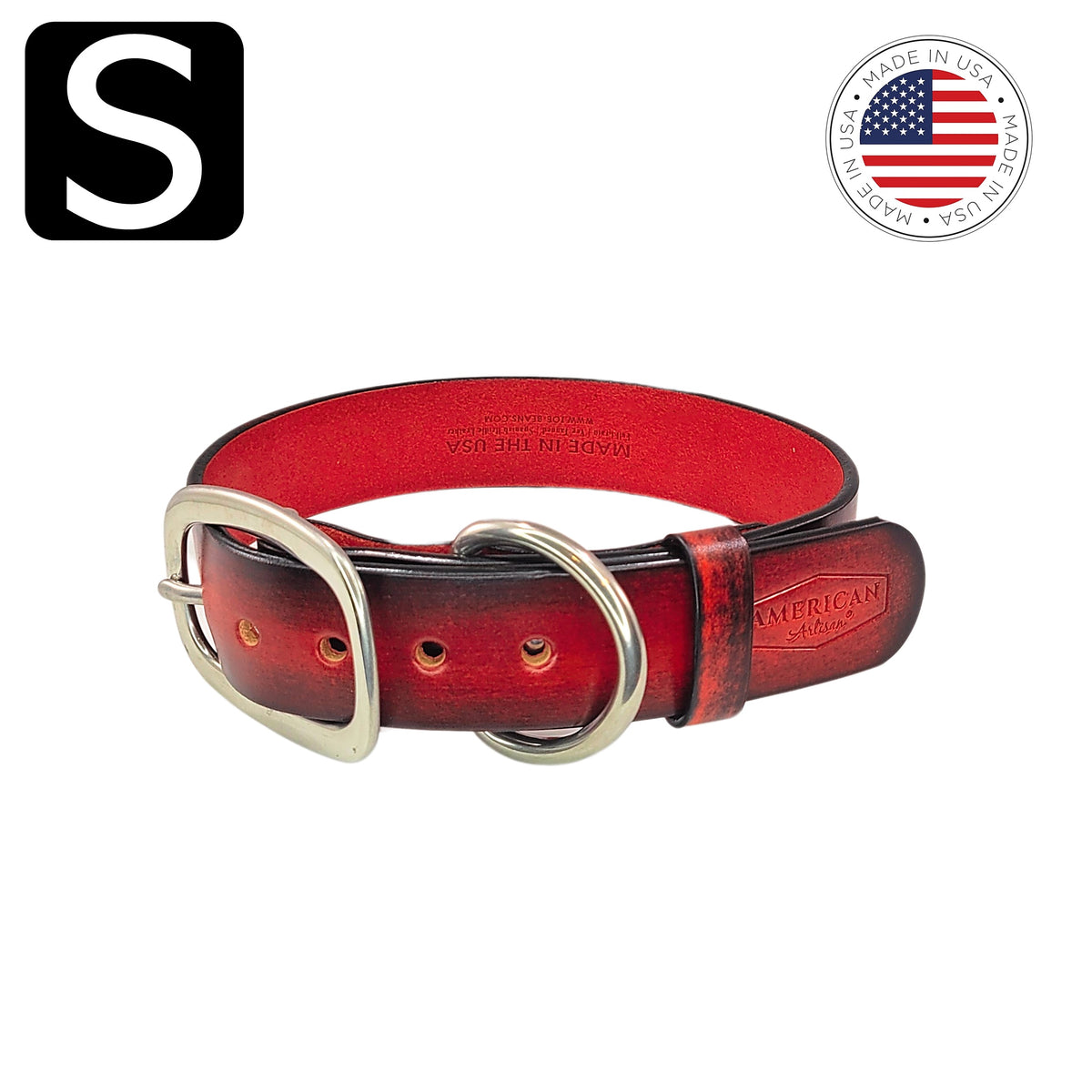 US made leather dog collar rustic red small by toe beans