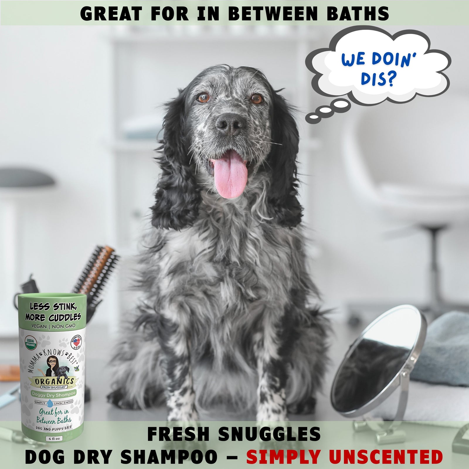 USDA organic waterless dog shampoo by Momma Knows Best