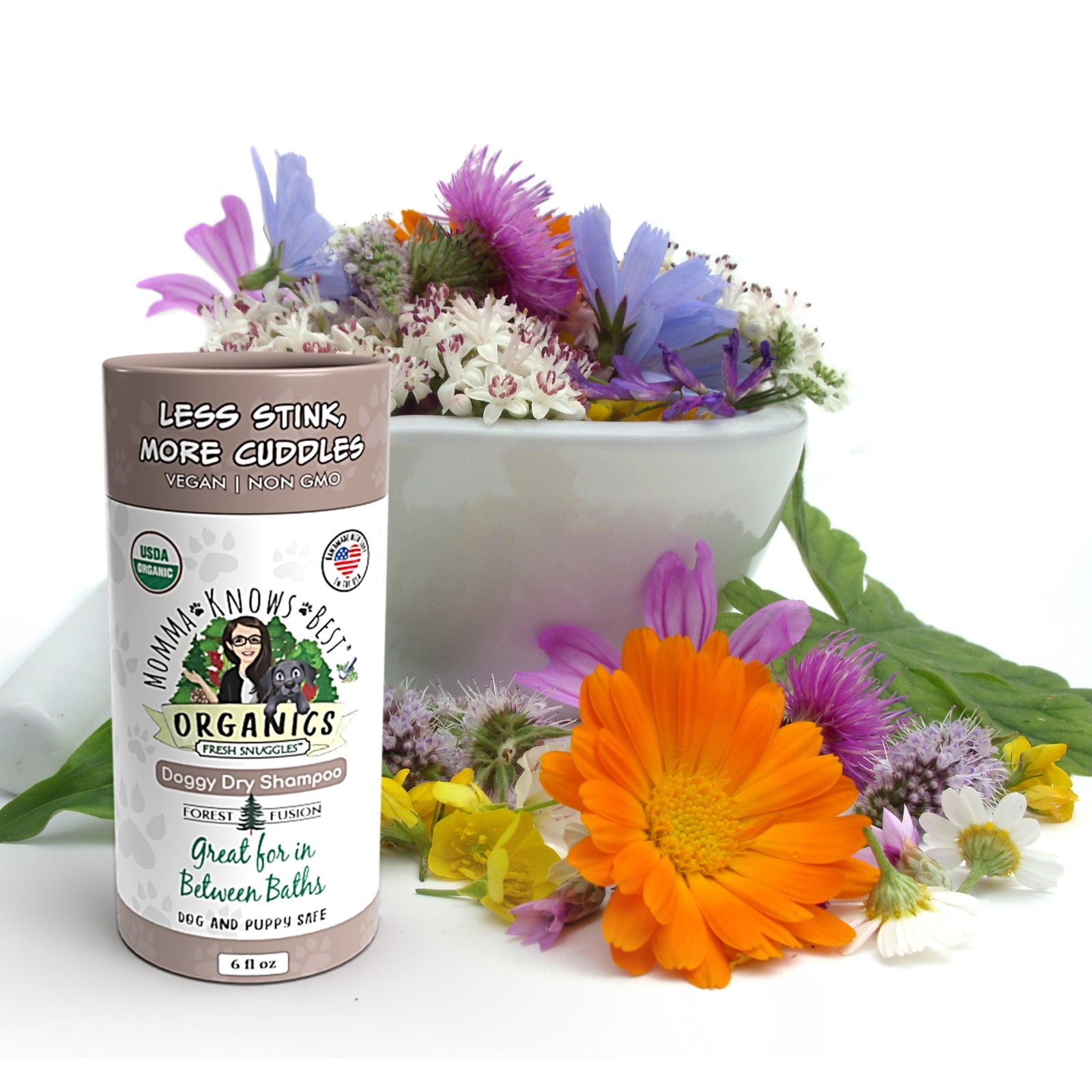 Unscented Dry Dog Shampoo Organic ingredients by Momma Knows Best