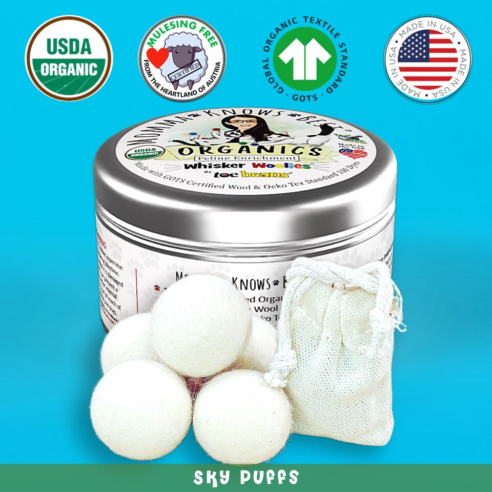 Ball toys for cats sky puffs by toe beans and Momma Knows Best