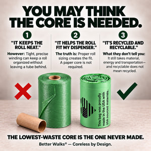 Side by side dog waste bags rolls with red and green symbols comparing a paper core roll with coreless design.