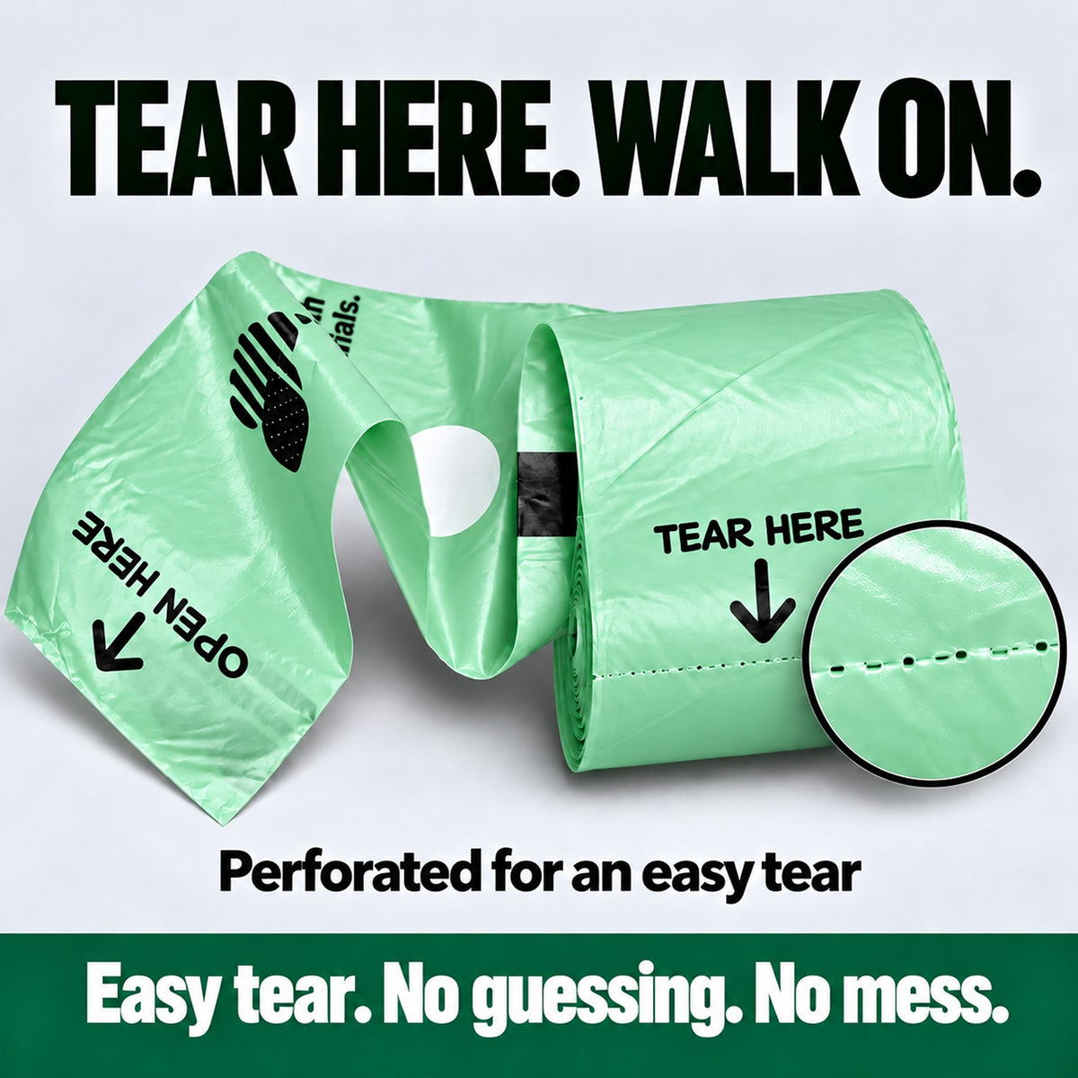 Close up of Better Walks dog bags on a roll with a magnified perforation line and instructions for an easy tear.