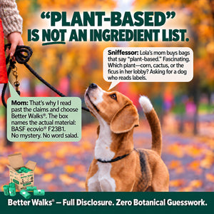 Beagle looking up at a walker in autumn. Speech bubbles contrast vague plant based claims with the named BASF ecovio F23B1 material in Better Walks dog bags.
