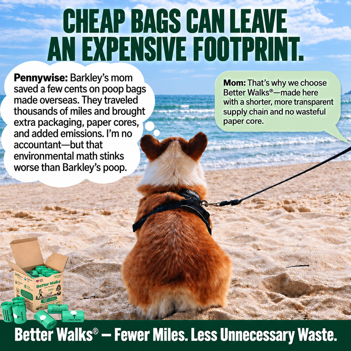 Corgi sitting on a beach. Speech bubbles describe the packaging, paper cores and shipping behind cheaper imported dog bags.