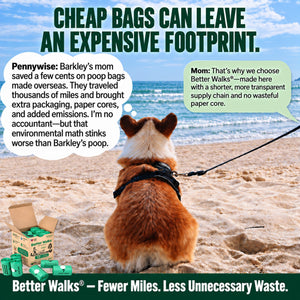 Corgi sitting on a beach. Speech bubbles describe the packaging, paper cores and shipping behind cheaper imported dog bags.
