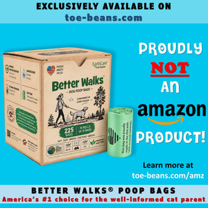 Better Walks dog poop bags box and green roll on a dark background, with a slide message about exclusive availability on toe-beans.com.