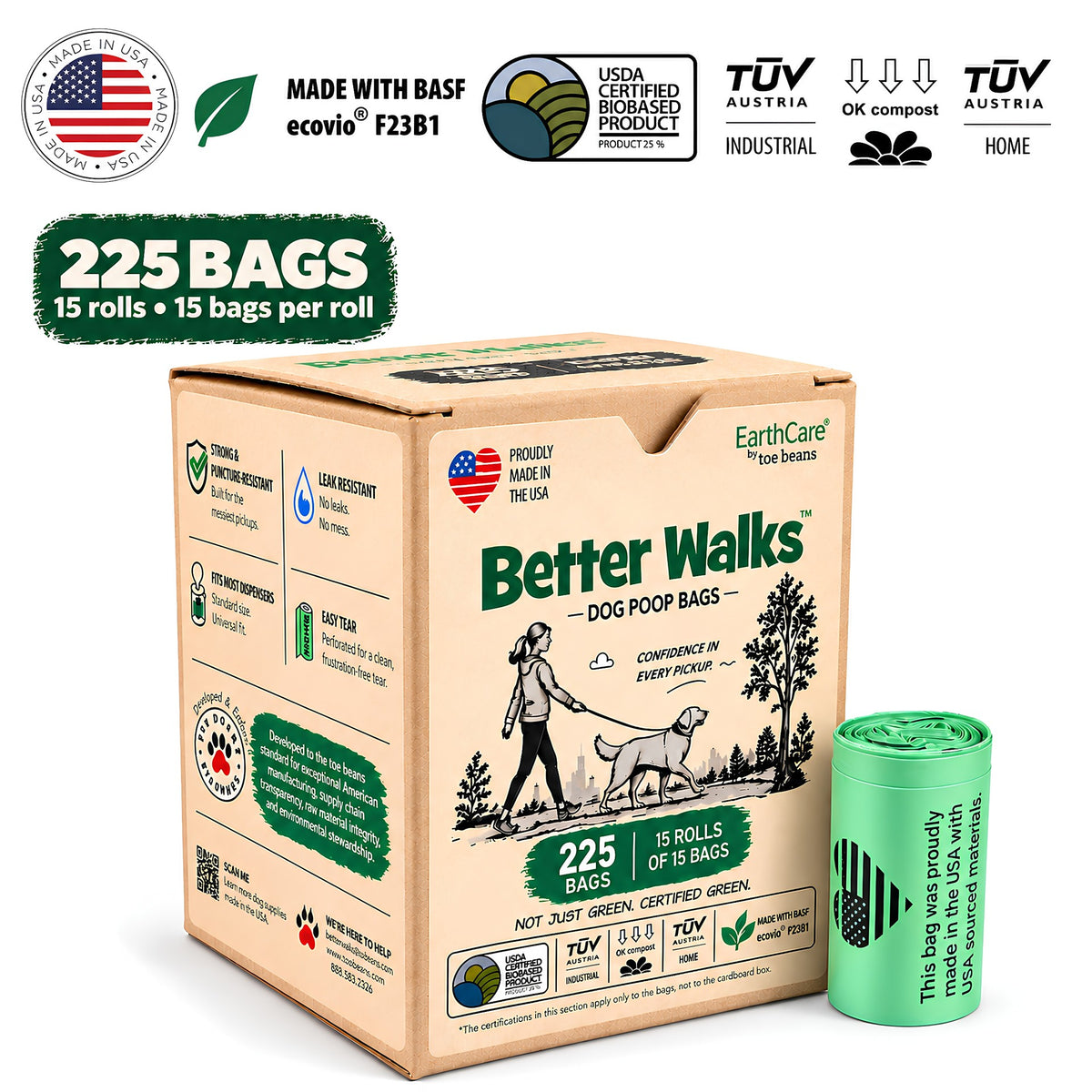 Better Walks dog poop bags with one kraft box and a green roll, containing 225 bags in 15 rolls.