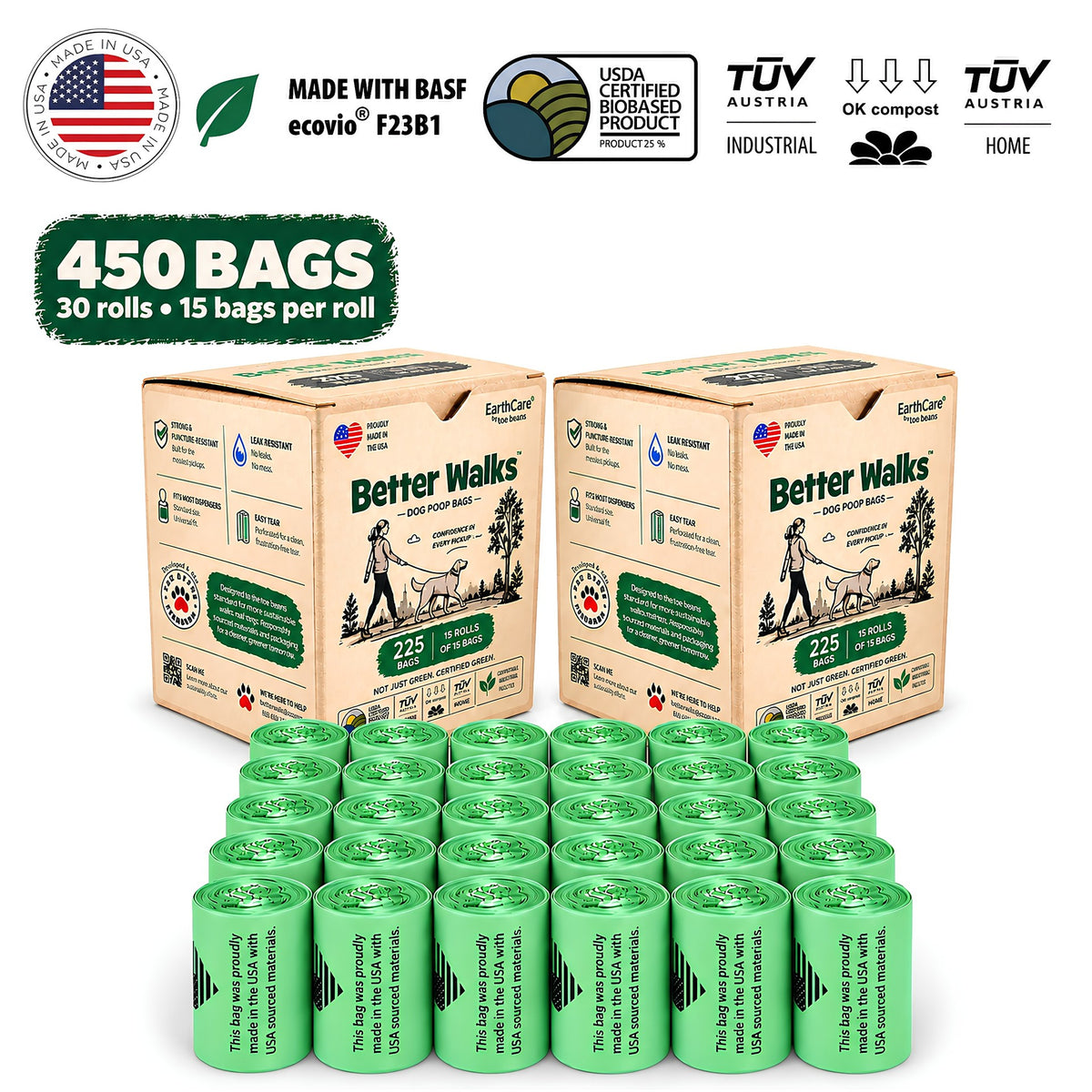 Better Walks dog poop bags 450 bag pack with two kraft boxes and 30 green rolls.