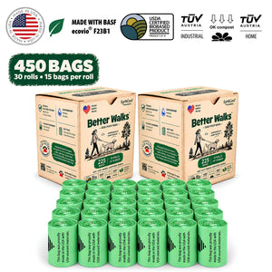 Better Walks dog poop bags 450 bag pack with two kraft boxes and 30 green rolls.