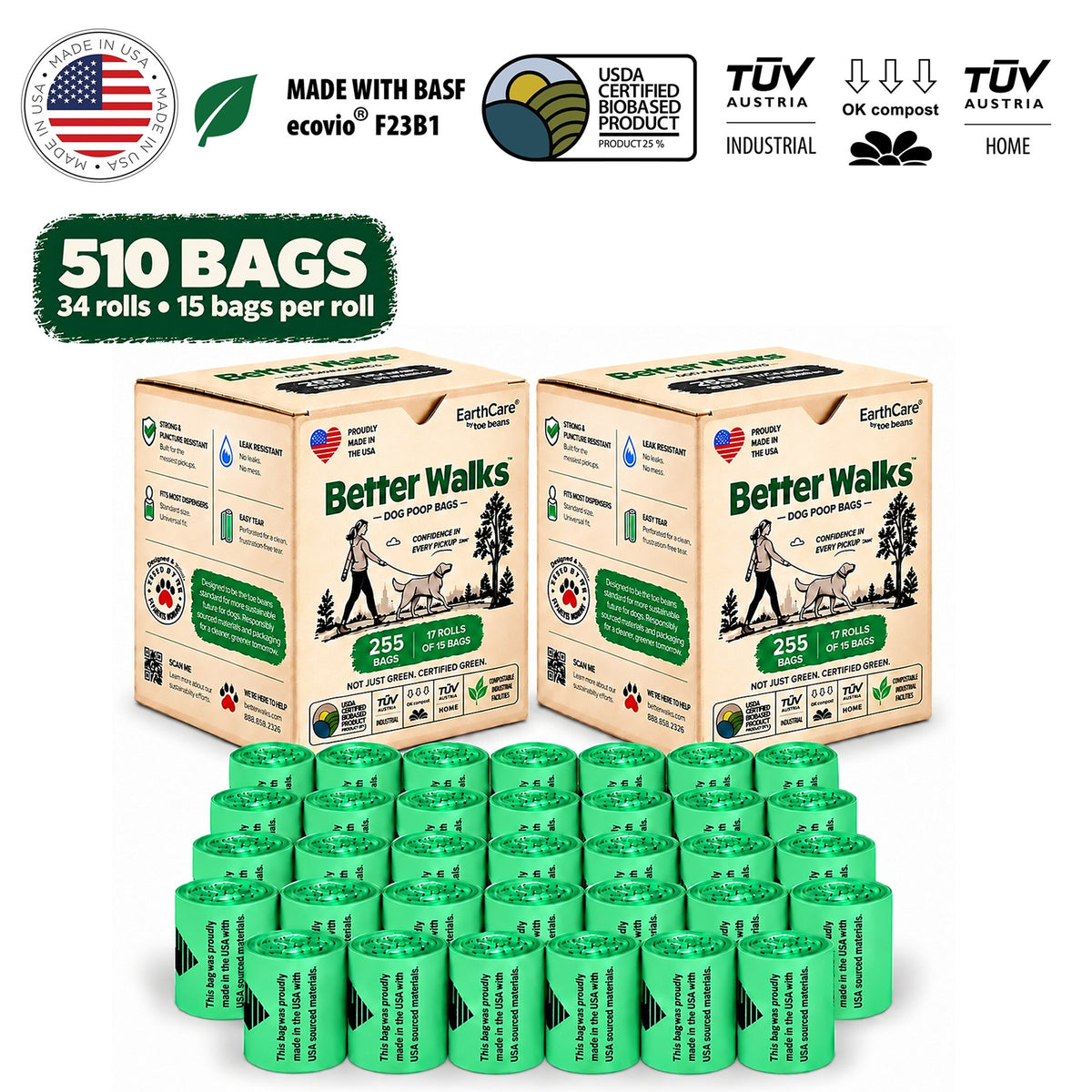 Better Walks dog poop bags 510 bag pack showing two kraft boxes and 34 green rolls.