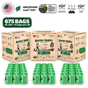 Better Walks dog poop bags 675 bag pack with three compact boxes and 45 green rolls.