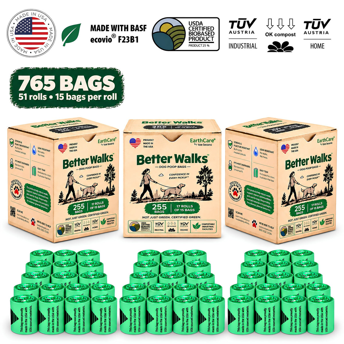 Better Walks dog poop bags 765 bag pack showing three kraft boxes and 51 green rolls.