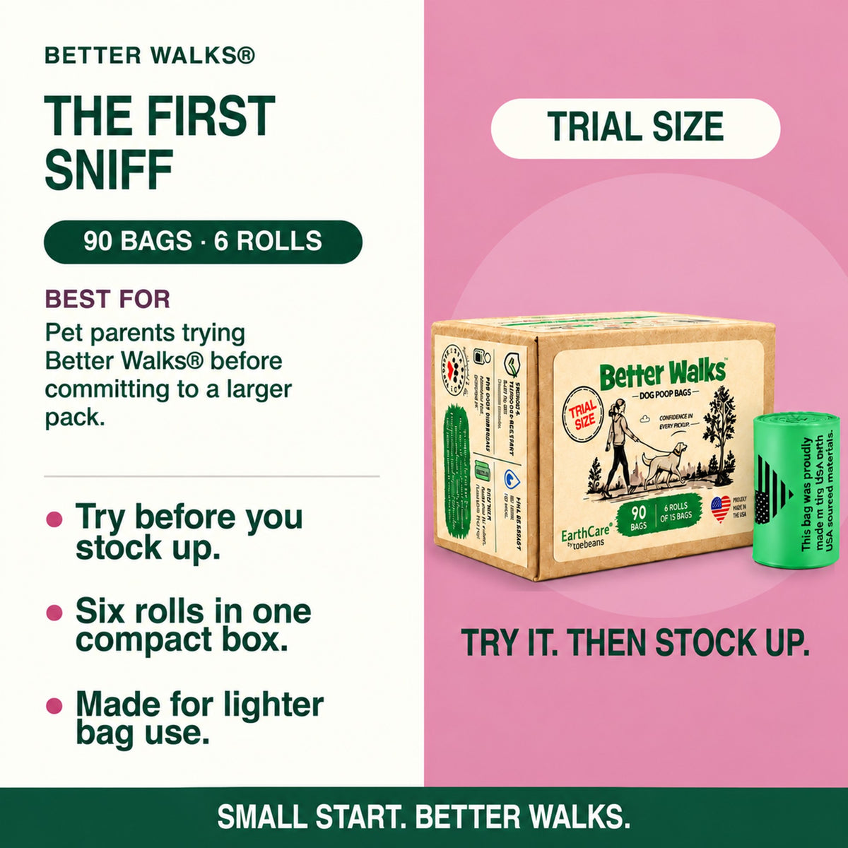 Better Walks First Sniff dog poop bags card showing 90 bags in 6 rolls, a compact box and benefits for pet parents trying the brand.
