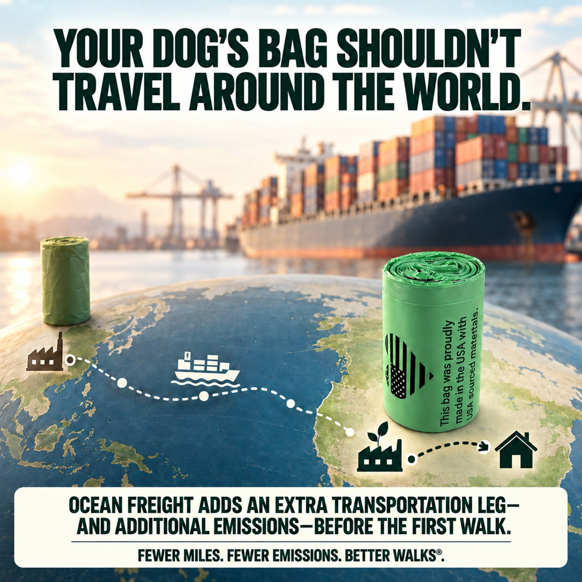World map, cargo ship and bag rolls illustrate overseas dog poop bags shipping compared with domestic manufacturing.