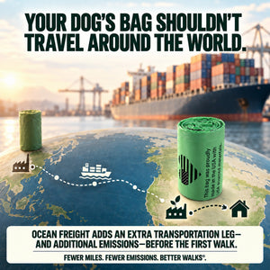 World map, cargo ship and bag rolls illustrate overseas dog poop bags shipping compared with domestic manufacturing.