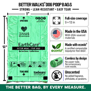 Better Walks dog waste bags diagram showing 9 by 13 inch dimensions, USA origin, named ecovio material, coreless rolls and unscented bags.
