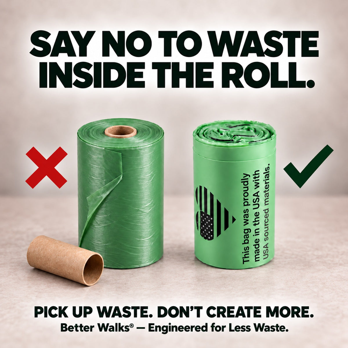 Comparison of a paper core roll and coreless dog bags, explaining roll winding, dispenser fit and paper core waste.