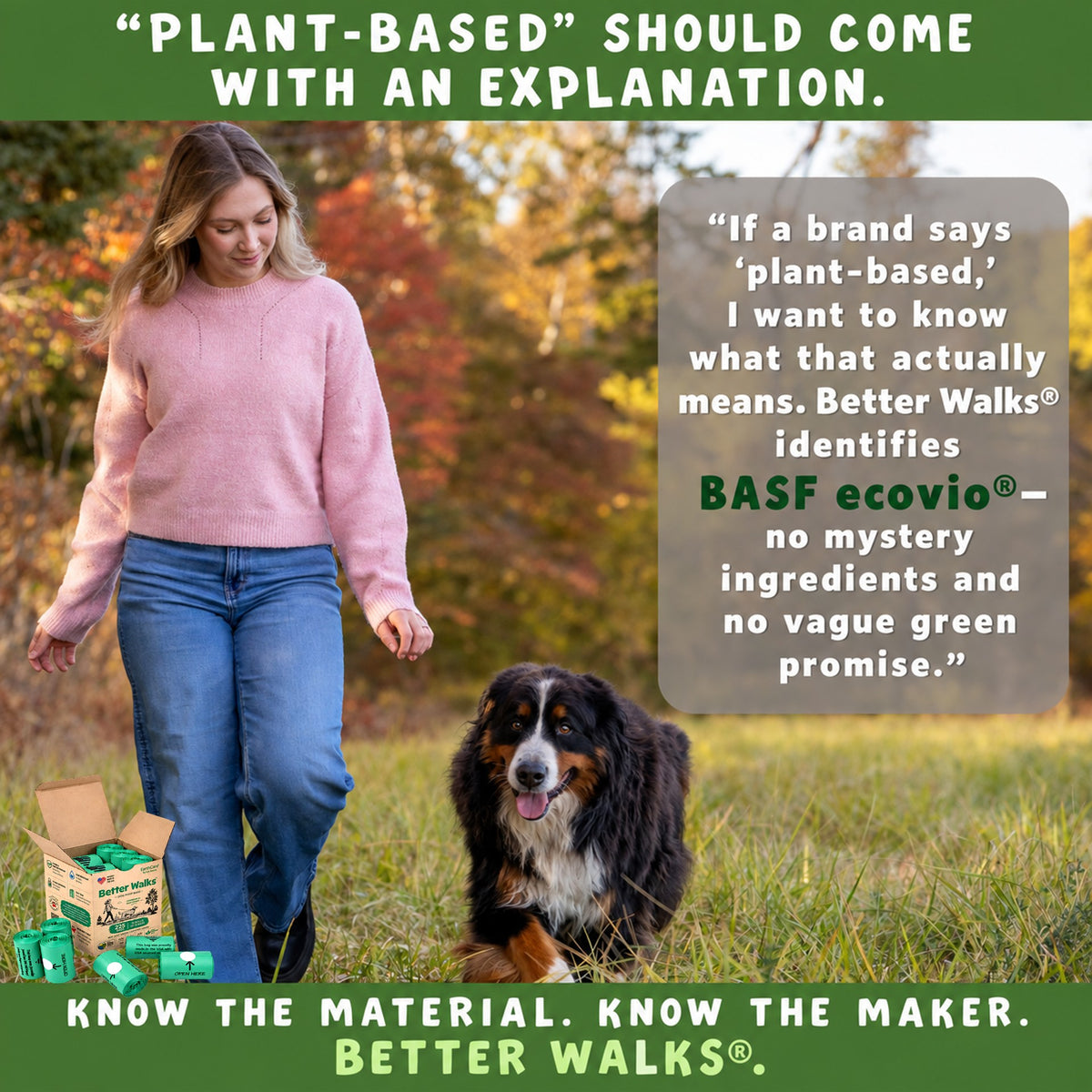 Woman walking a black and tan dog in autumn. The message names ecovio and asks for clear material disclosure on dog waste bags.