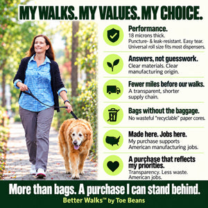 Woman walking an older golden retriever beside six Better Walks dog waste bags benefits: performance, materials transparency, shorter supply chain, coreless design, American jobs and personal values.