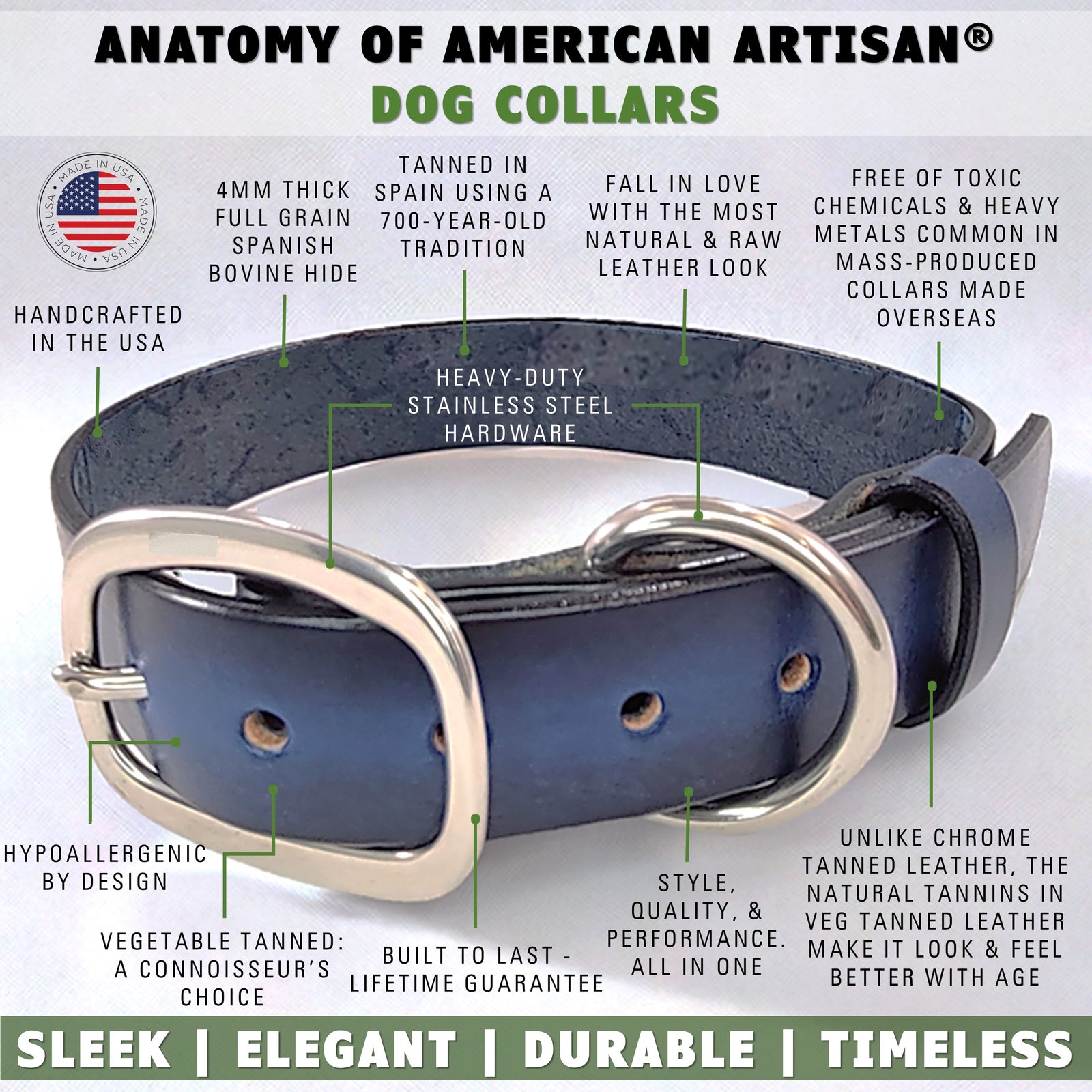 leather dog collar blue features by toe beans