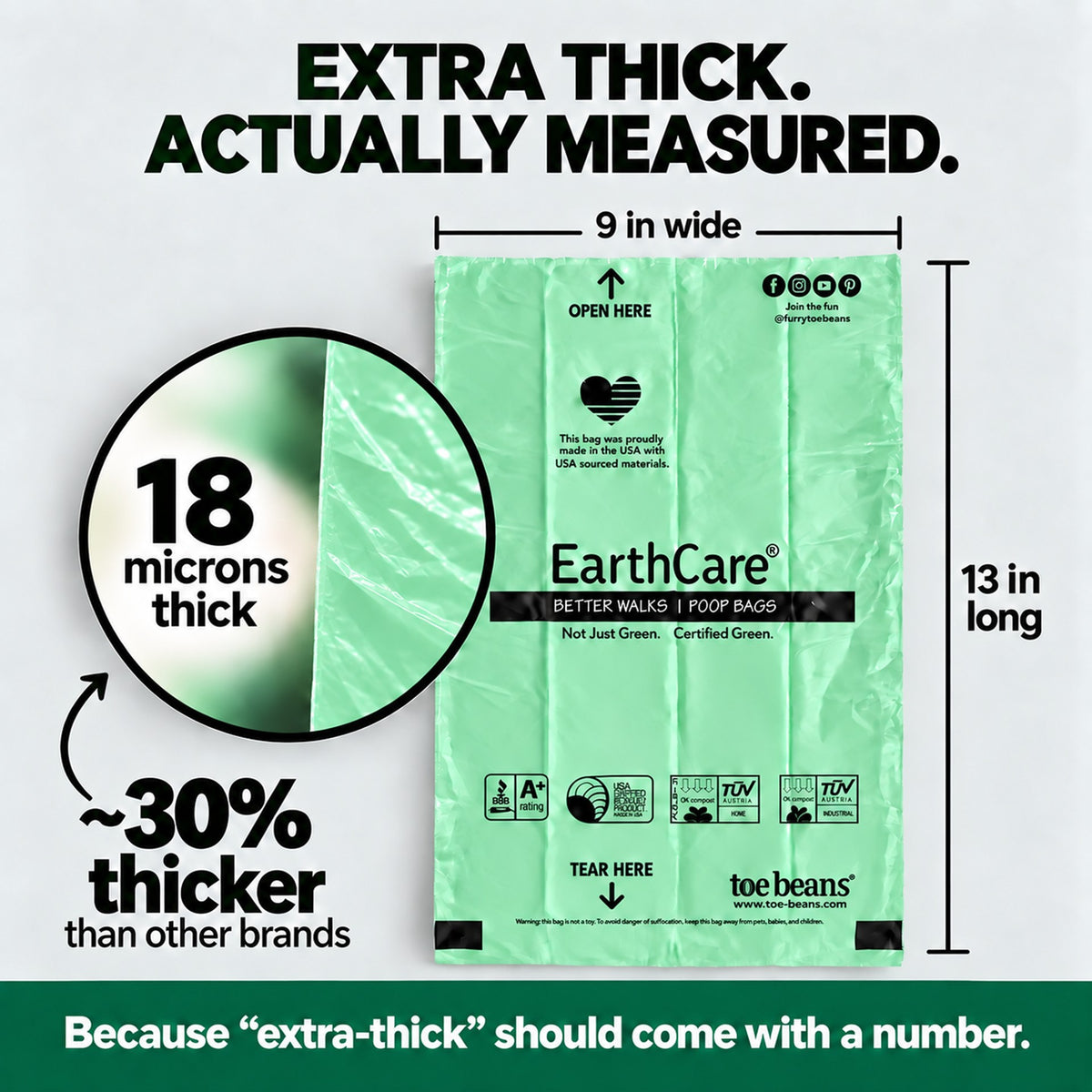 Better Walks poop bags thickness graphic with a magnified bag edge, 18 micron measurement and 9 by 13 inch dimensions.