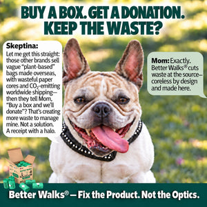French bulldog portrait with speech bubbles contrasting donation promises with coreless dog poop bags and waste reduction at the source.