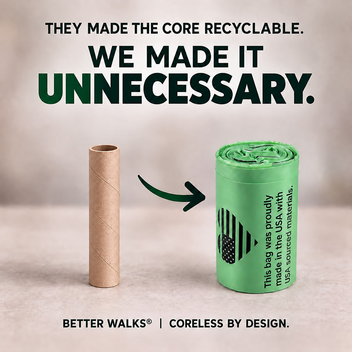 Paper tube beside a poop bags roll, illustrating the message that a paper core is unnecessary.