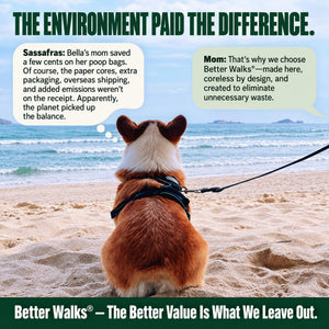 Corgi facing the ocean. Speech bubbles contrast a lower poop bags price with paper core, packaging and overseas shipping impacts.