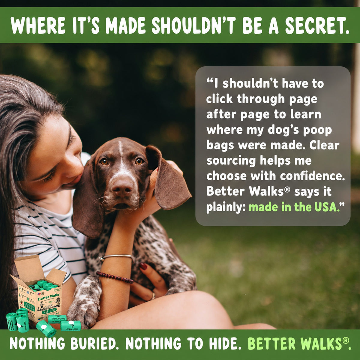 Woman holding a brown dog. The message calls for clear country of origin information when choosing poop bags.