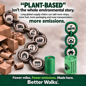 Linked factory, truck, port and warehouse icons compare long global poop bags supply chains with a shorter route.