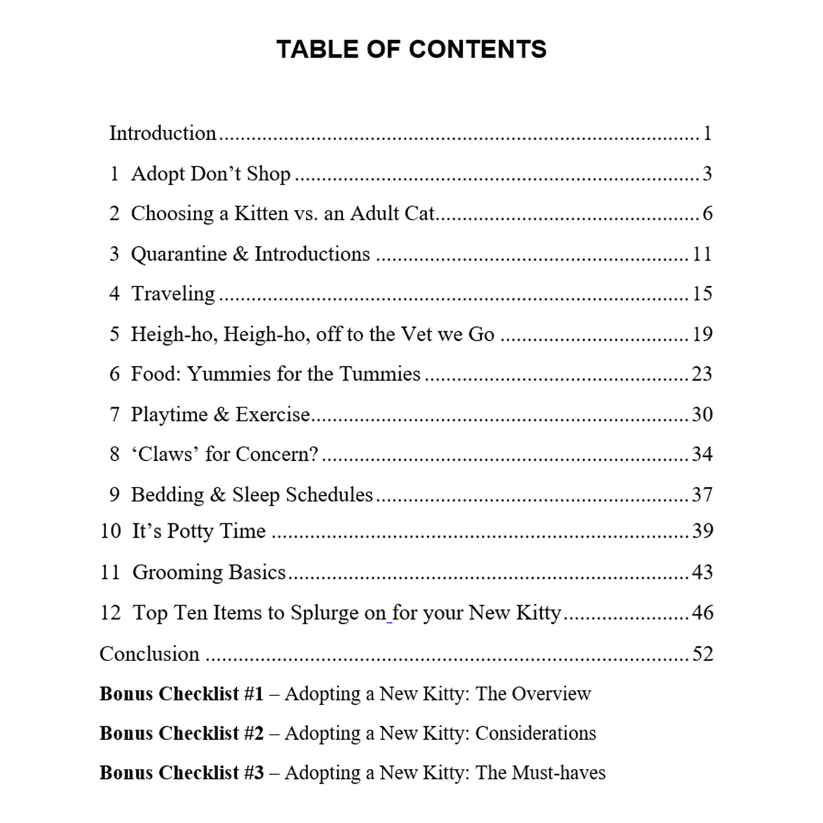 Cat Parenting Cat Book Table of Contents by Toe Beans