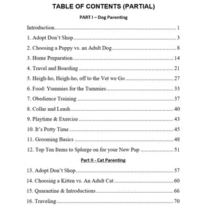 Dog and cat Parenting pet Book Table of Contents by Toe Beans