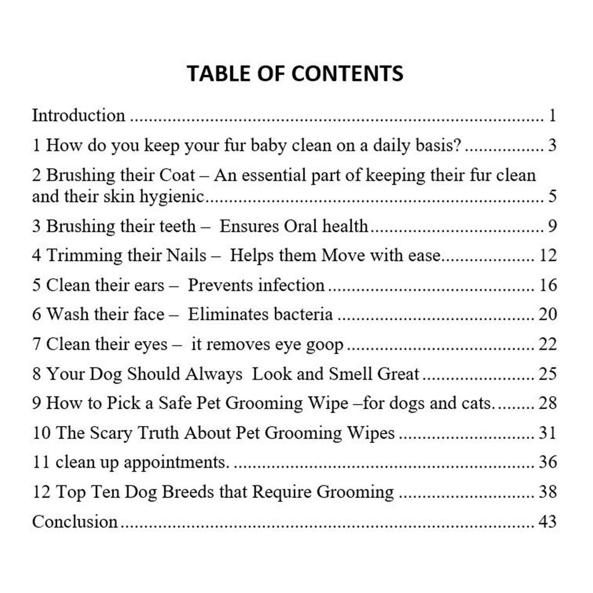 Dog Grooming 101 dog Book Table of Contents by Toe Beans 