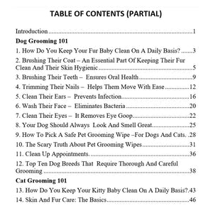 Dog and Cat Grooming 101 dog Book Table of Contents by Toe Beans 
